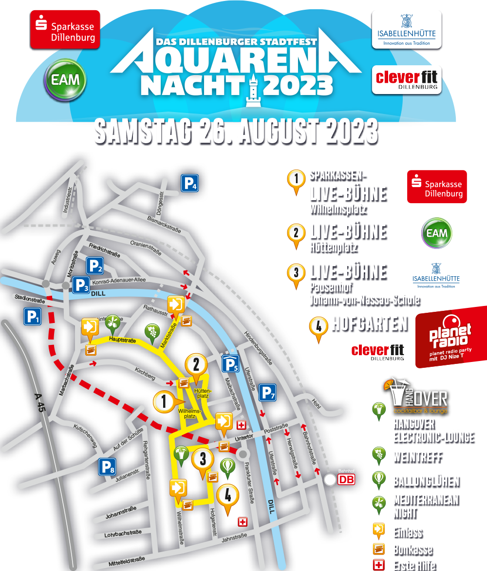 Karte der AQUARENA NACHT 2023 - Das Dillenburger Stadtfest